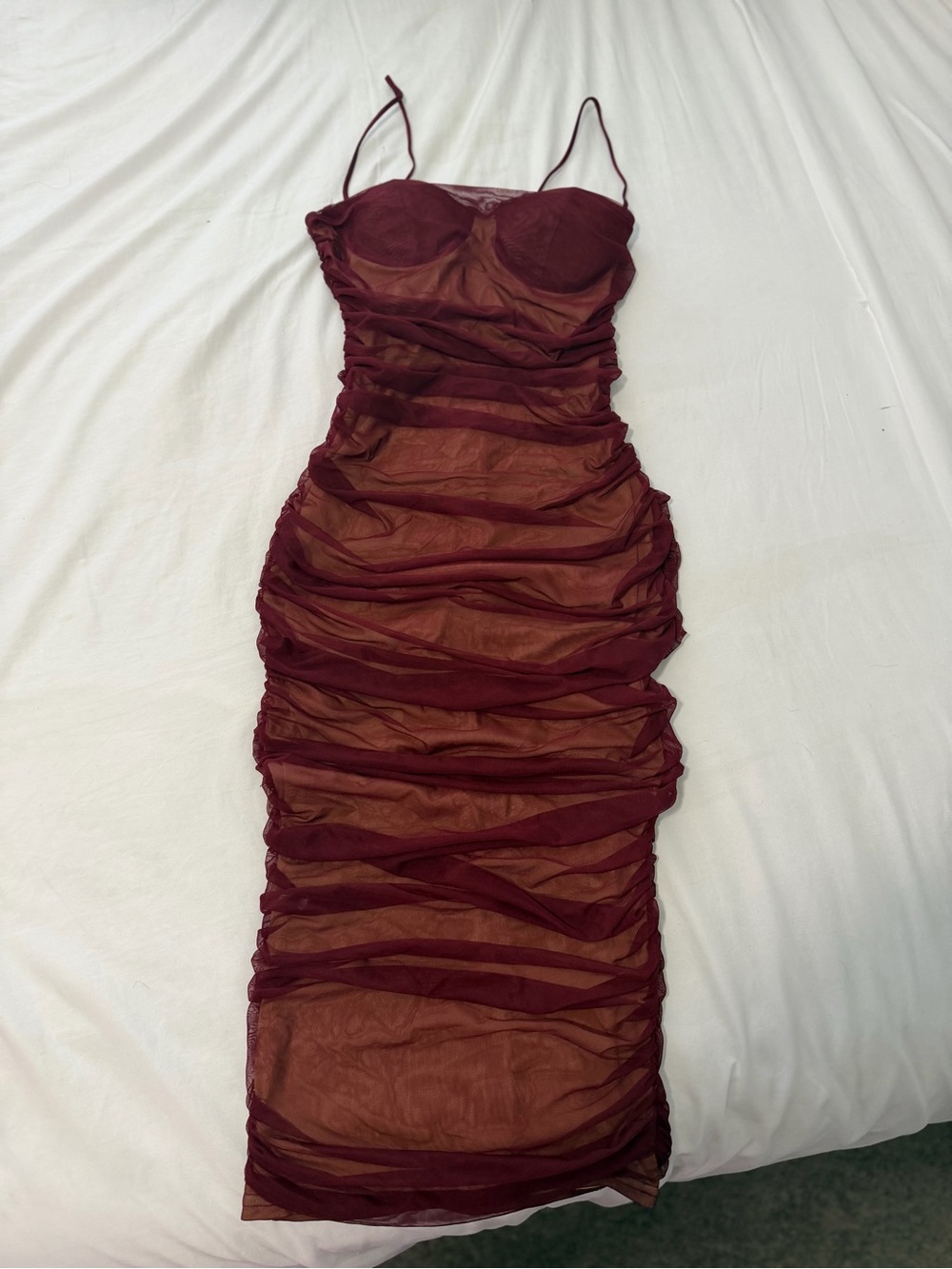 Sheer Ruched Burgundy Bodycon Dress